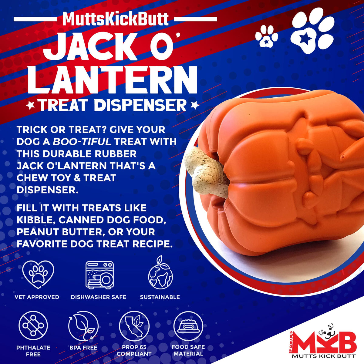 Jack O' Lantern Dog Toy - Durable Halloween Chew Toy for Large Dogs | USA Made