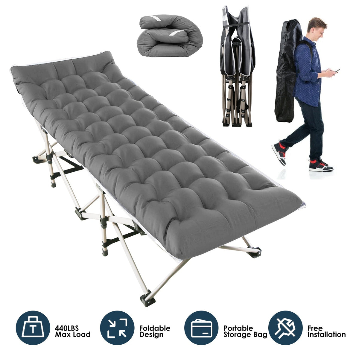 Folding Camping Cot Portable Sleeping Camping Bed Collapsible Travel Camp Cots Guest Bed Cot with 2-Sided Soft Pad 440LBS Max Load