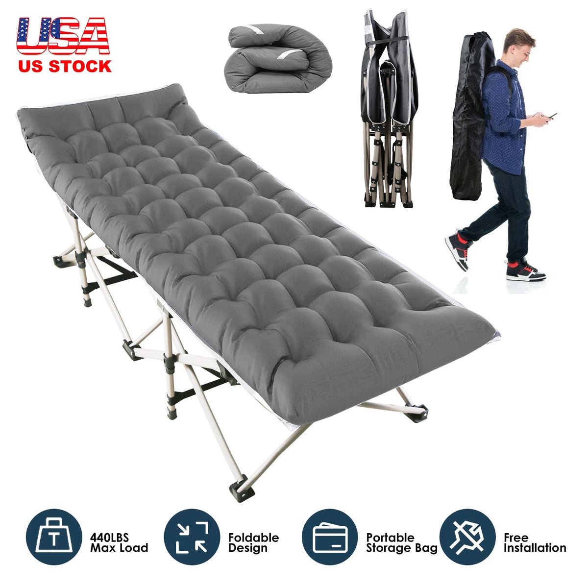 Folding Camping Cot Portable Sleeping Camping Bed Collapsible Travel Camp Cots Guest Bed Cot with 2-Sided Soft Pad 440LBS Max Load