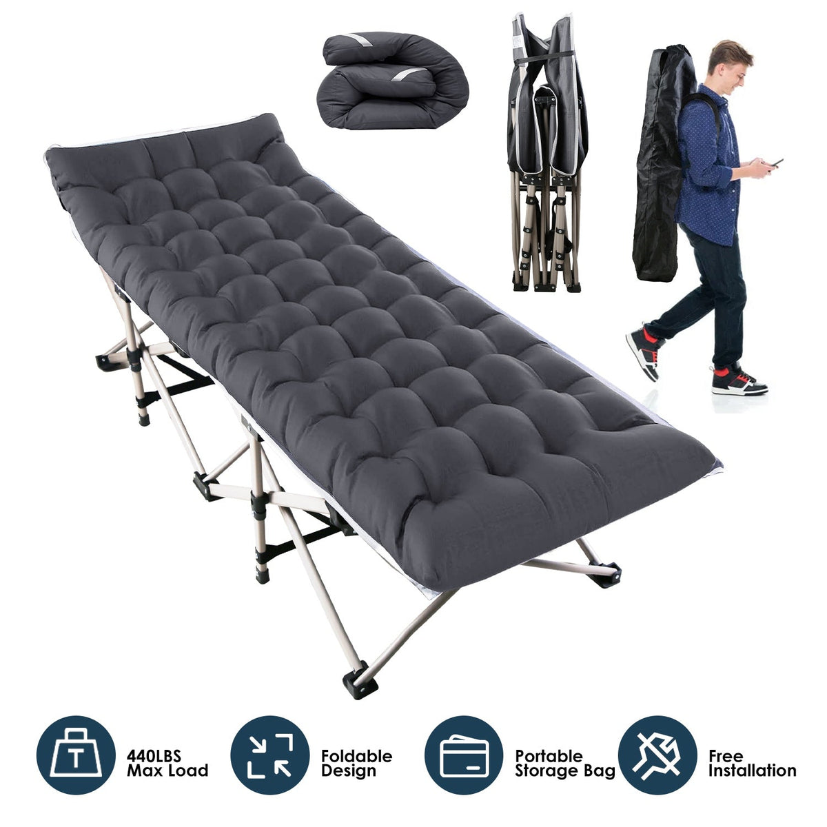 Folding Camping Cot Portable Sleeping Camping Bed Collapsible Travel Camp Cots Guest Bed Cot with 2-Sided Soft Pad 440LBS Max Load