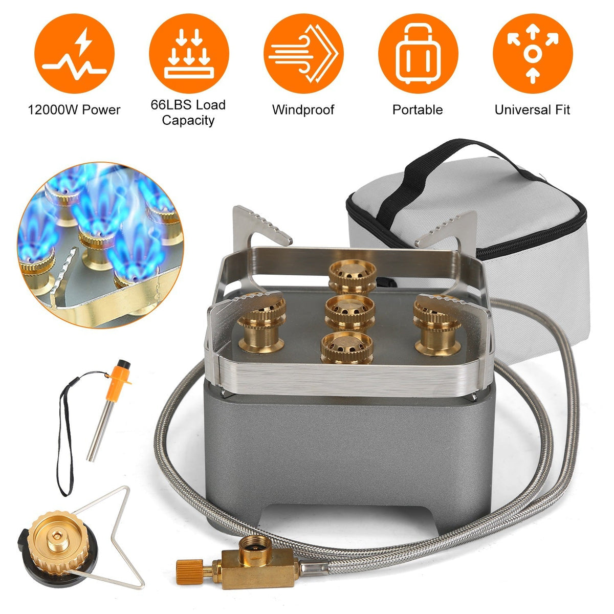 12000W Portable Camping Stove With Cassette Adapter Windproof Outdoor Backpacking Burner with Carrying Case Igniter for Outdoor Hiking Camping Picnic