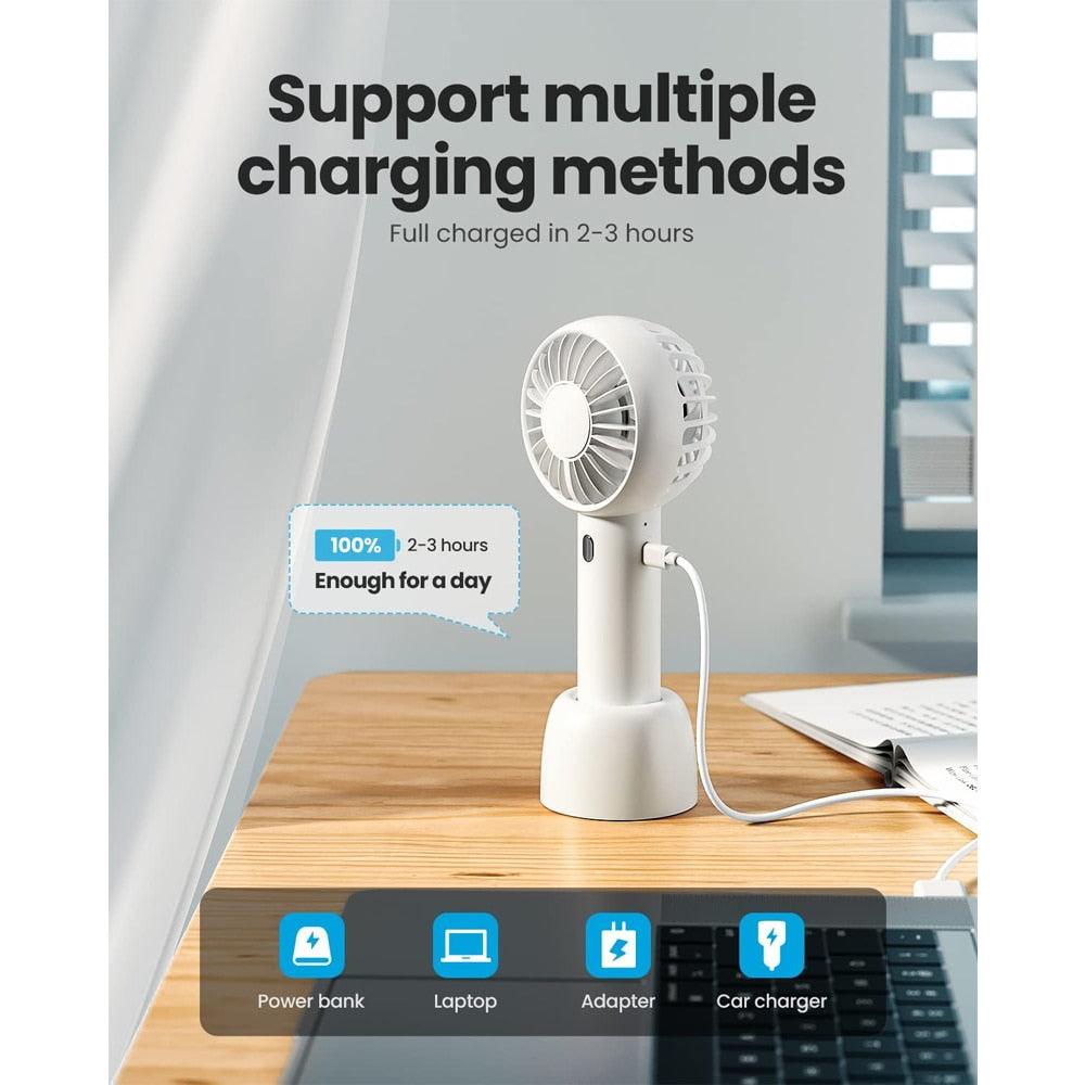 Portable Fan Mini Handheld Fan USB Rechargeable 3 Speed Personal Handheld Small Pocket Fan with Base for Indoor Outdoor Handheld Fan Mini Portable Fan Rechargeable Battery Fan Cute Design 3 Speed Dual Motors Personal Small Desk Fan with Base