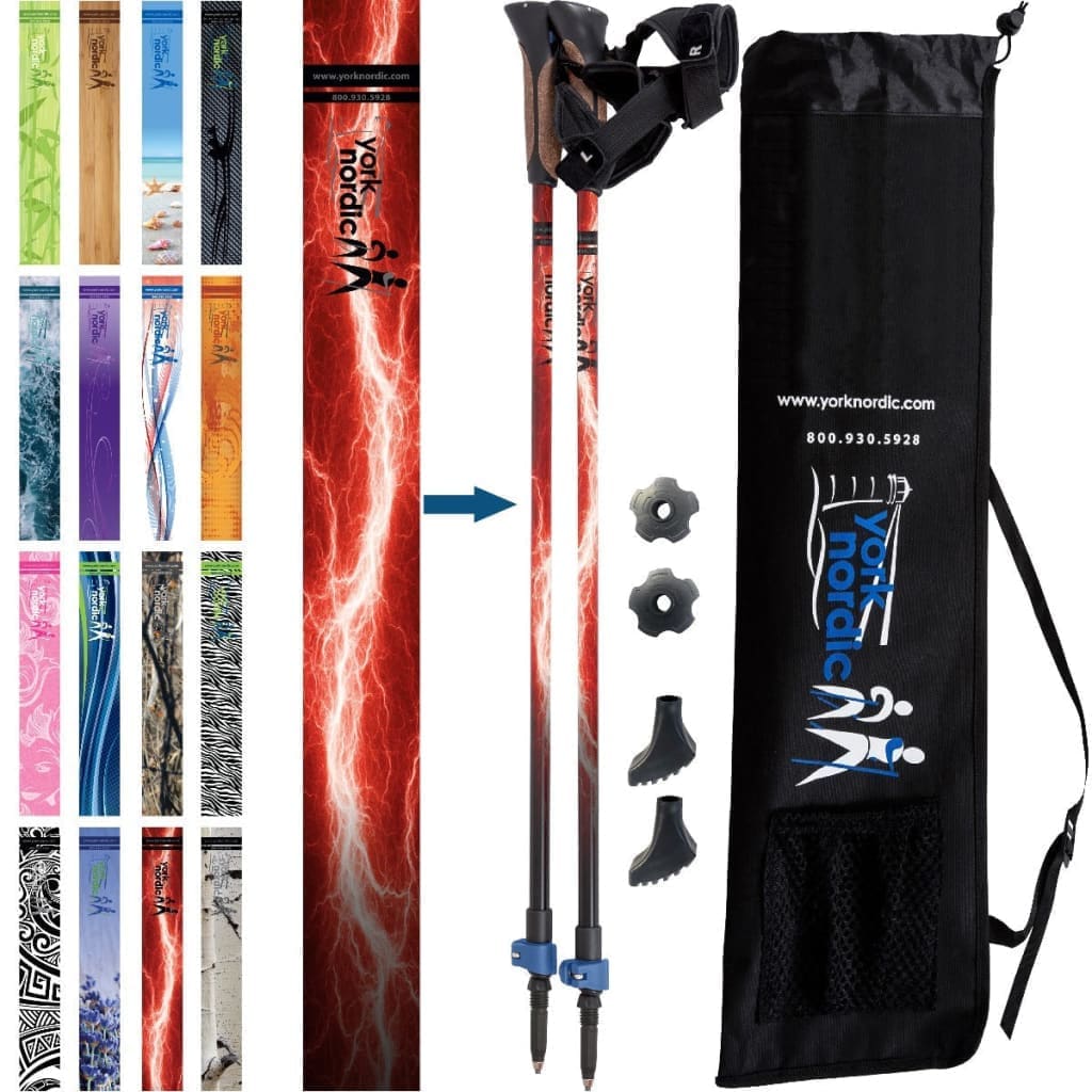 Official Nordic Walking Poles - True Nordic Glove Grip w-flip locks, detachable feet and travel bag - pair - For Heights up to 6’2”
